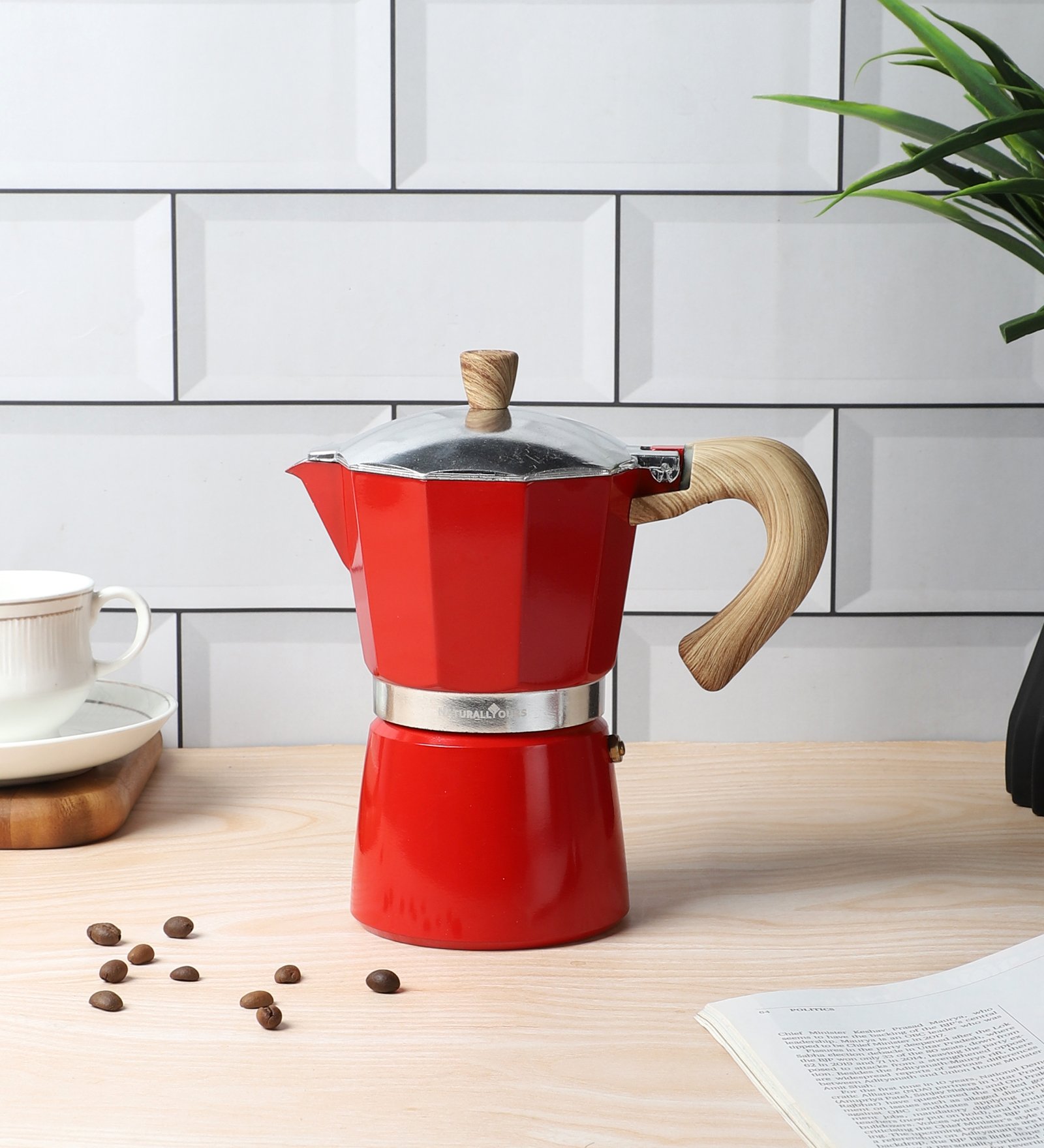NATURALLYOURS Aluminium Stovetop Moka Pot Coffee Maker 1Pcs, 300 ml, Red