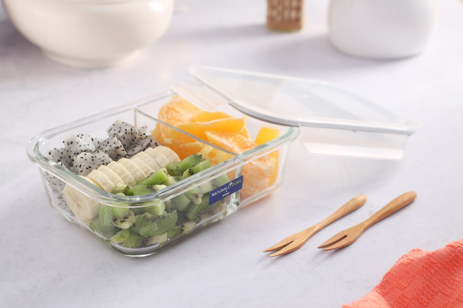 NATURALLYOURS 980 ml 2-Compartment Glass Lunch Box with Clear PP Lid 1Pcs
