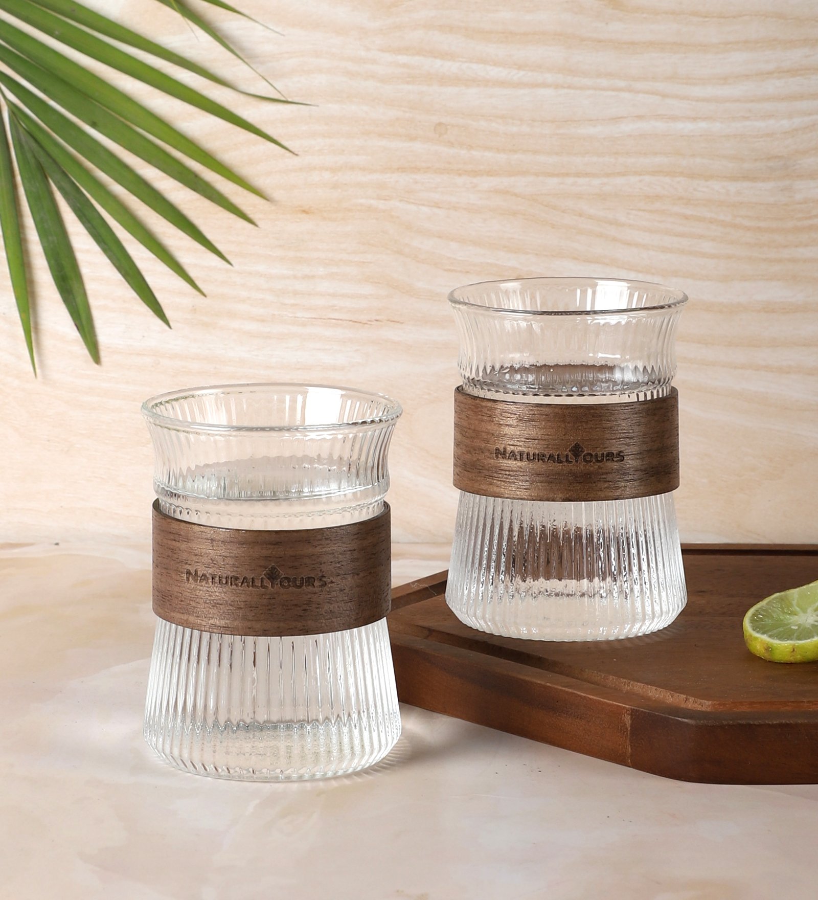 NATURALLYOURS TimberGrip Borosilicate Glass Mug with Wooden Grip 2Pcs, 280 ml