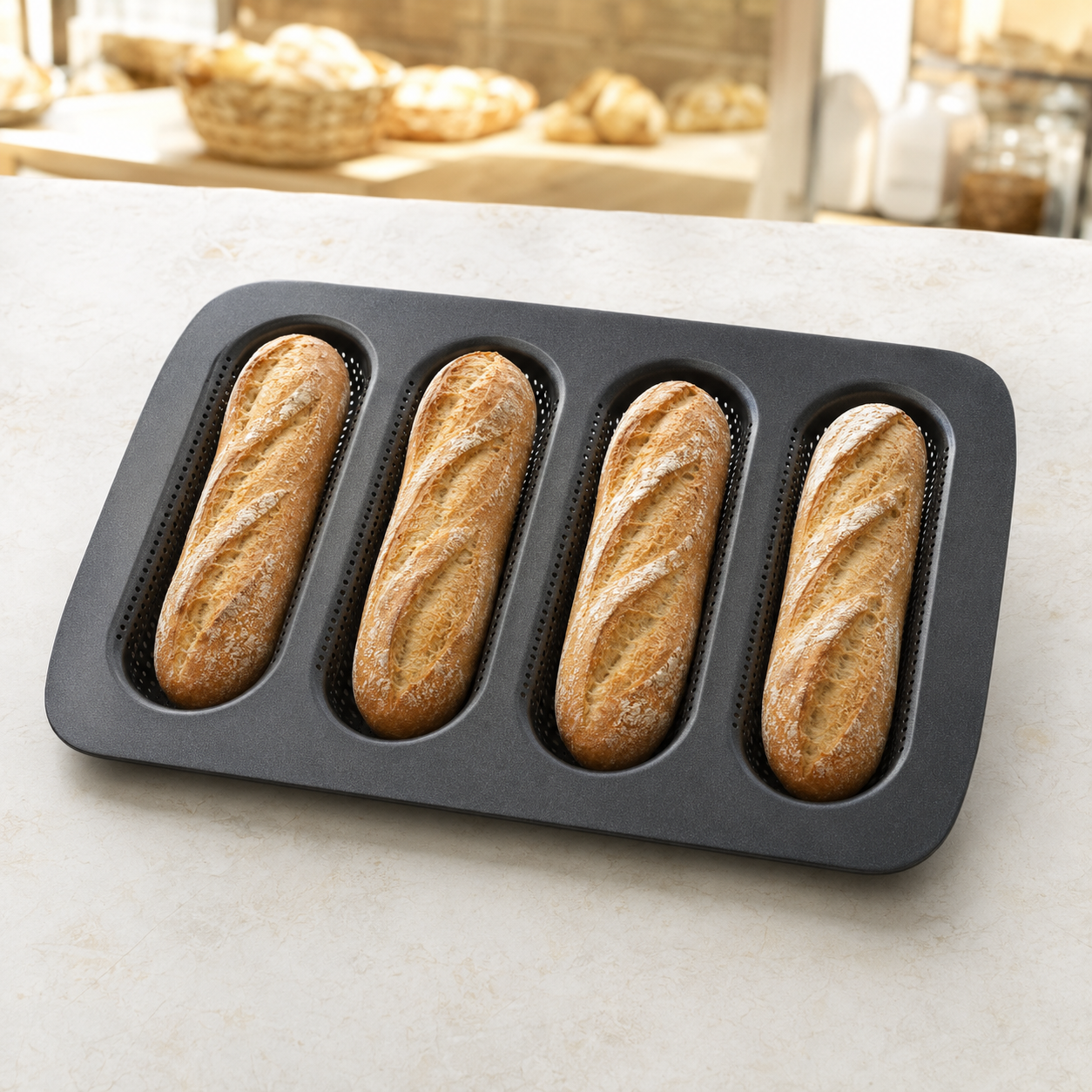 NATURALLYOURS Mini Baguette Metal Perforated Baking Pan 4 Cavity 1Pcs, L34.7 × W21.5 × H2.9 cm