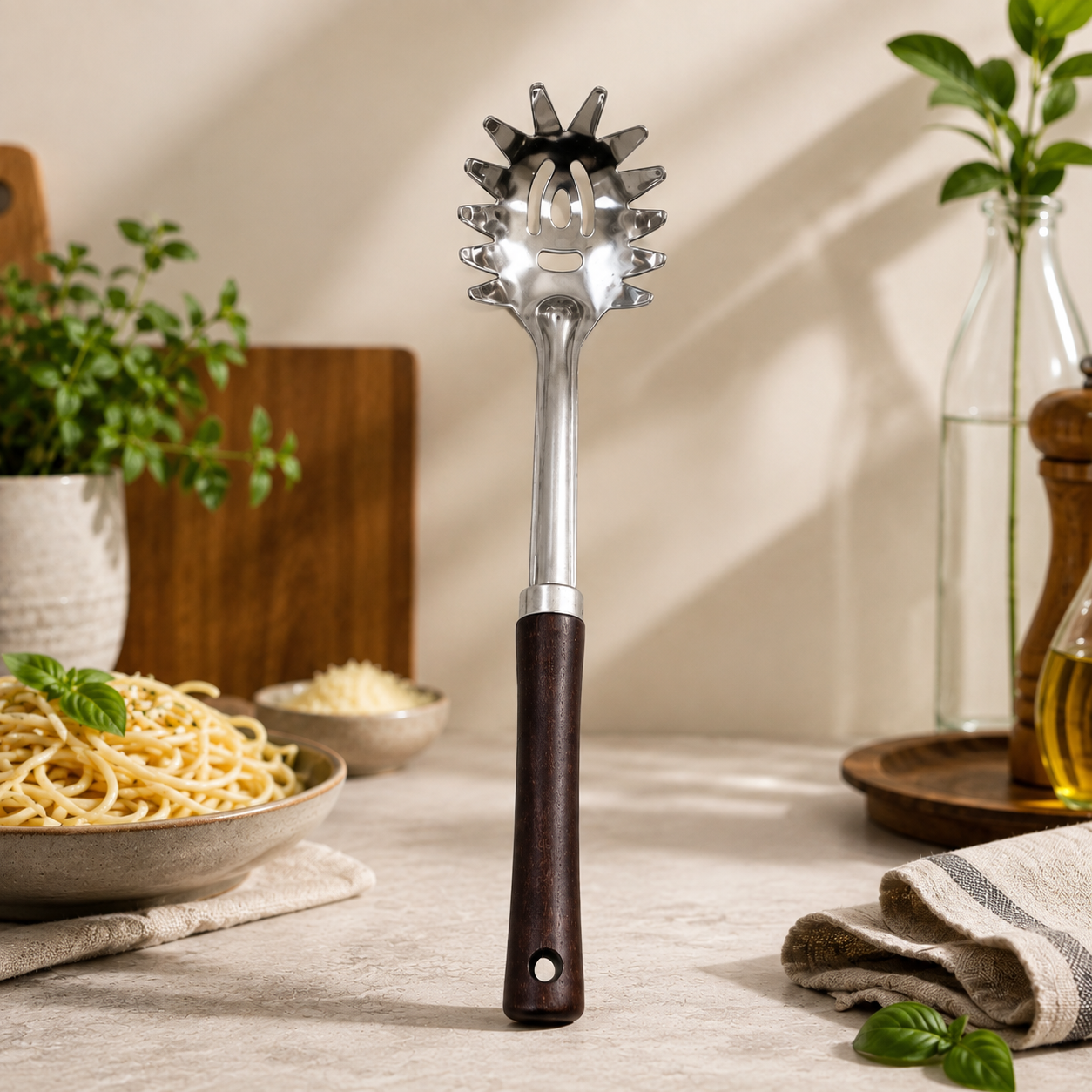 NATURALLYOURS PastaGrip Stainless Steel Spaghetti Server with Wooden Handle, 1 Pc